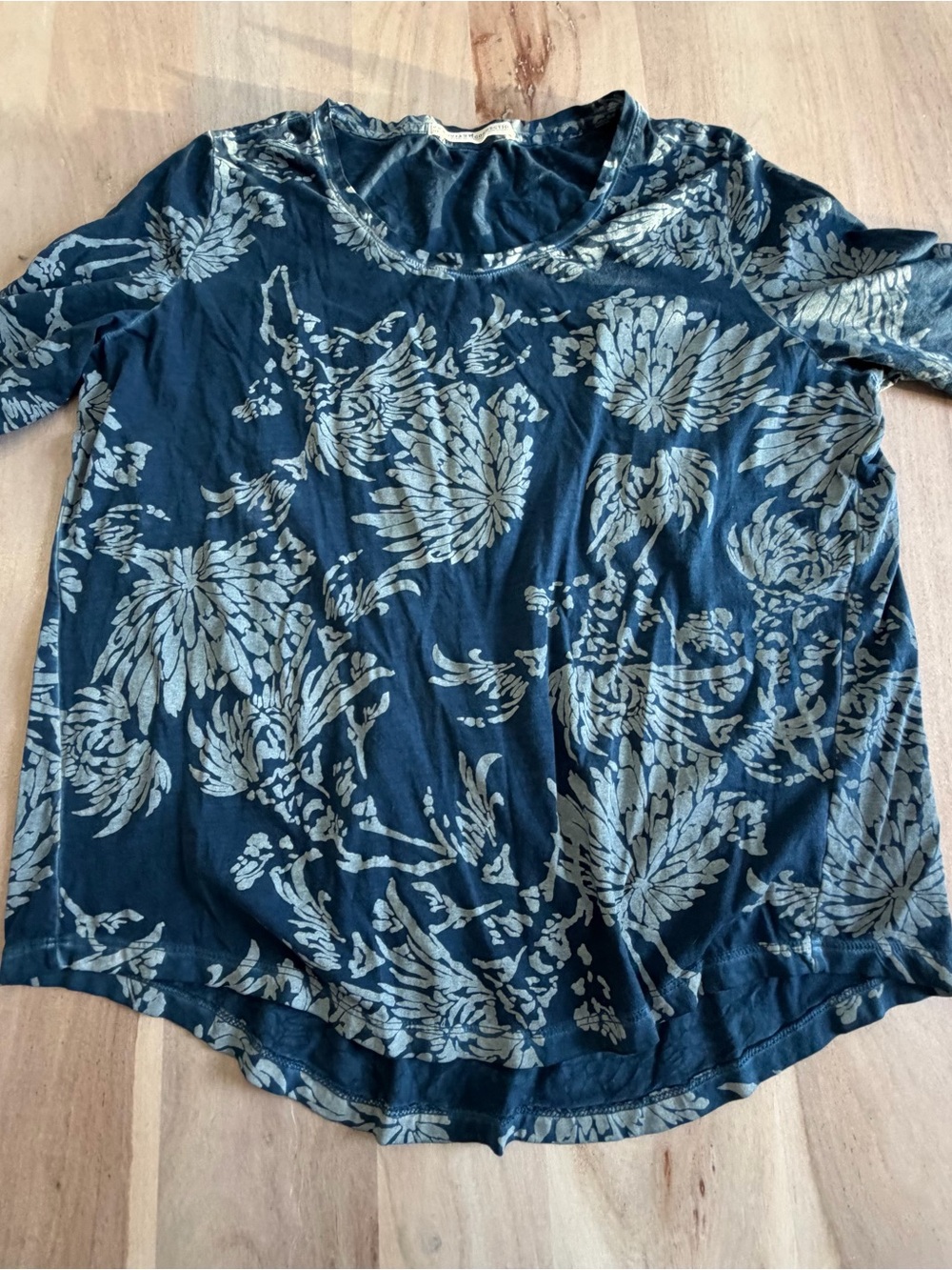 Peruvian Connection Floral cotton Blue 1/2 Sleeve Shirt Womens Size Large